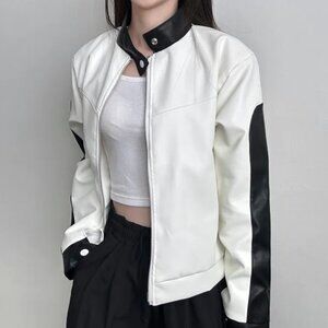 Korean Brand Ulan Racing Jacket Full Zip in Ivory & Black, One Size (Small)